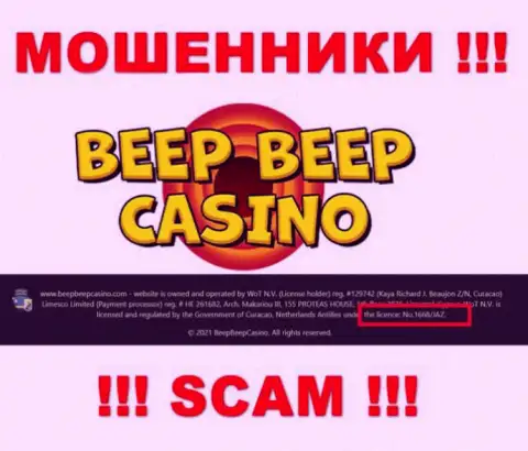Не работайте с конторой Beep Beep Casino, зная их лицензию, показанную на интернет-сервисе, Вы не сумеете спасти собственные вложения