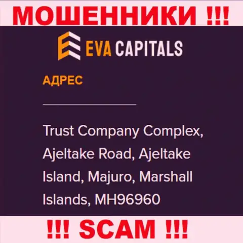 На интернет-сервисе Eva Capitals расположен офшорный юридический адрес конторы - Комплекс трастовой компании, Аджелтейк Роад, Аджелтейк Исланд, Маджуро, Маршалловы острова, MH96960, осторожнее - это разводилы