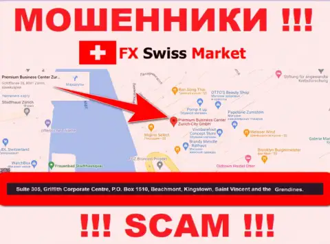 Контора FX-SwissMarket Com пишет на сайте, что расположены они в оффшоре, по адресу Люкс 305, Корпоративный Центр Гриффита, Кингстаун, Почтовый ящик 1510 Бичмонт Кингстаун, Сент-Винсент и Гренадины