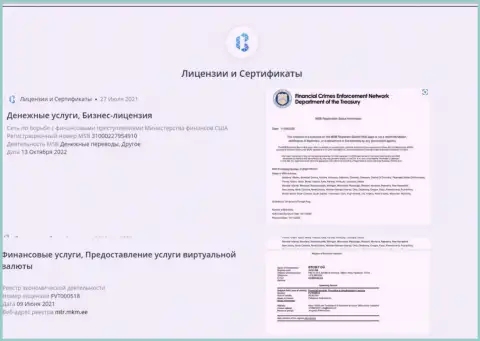 Сертификаты и лицензии, имеющиеся у интернет-обменника БТК Бит