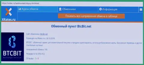 Краткая информационная справка об обменном пункте BTCBit на информационном ресурсе XRates Ru